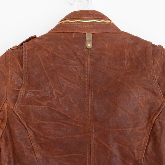 Mackage Brown 100% Leather Designer Zip Up Flap Pocket Hood Biker Jacket XXS - Picture 14 of 16